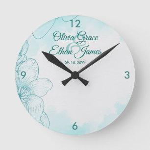 Elegant Teal Watercolor Floral Wedding Invitation Round Clock