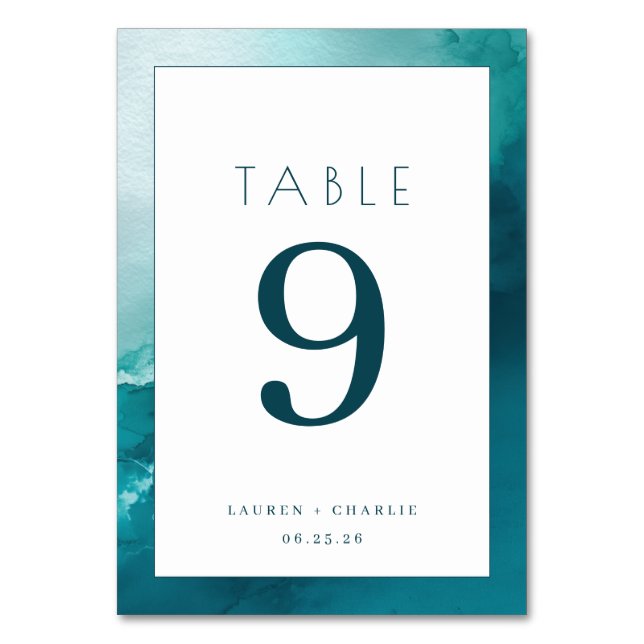 Elegant Teal Watercolor Number Table Number (Front)