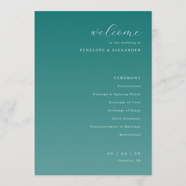 Elegant Teal Wedding Ceremony Program (Front)