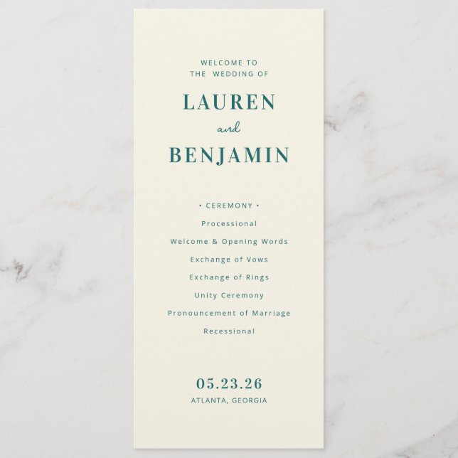 Elegant Teal Wedding Ceremony Schedule Program (Front)