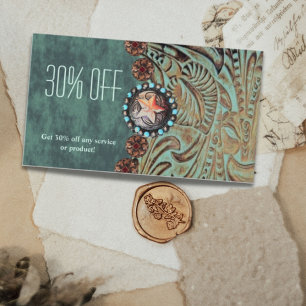 elegant teal western country tooled leather business card