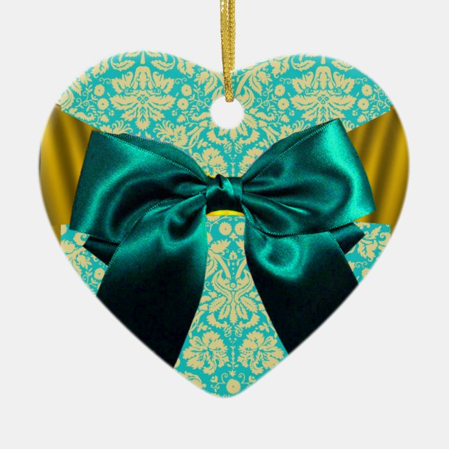 ELEGANT TEAL WHITE DAMASK BLUE RIBBON MONOGRAM CERAMIC ORNAMENT (Front)