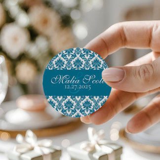 Elegant Teal White Damask Wedding Favour Classic Round Sticker