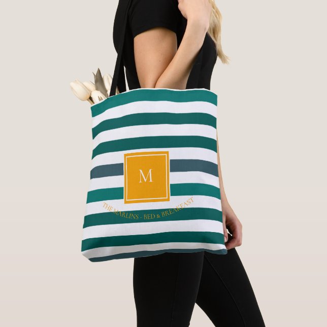 Elegant Teal White Striped Monogram Tote Bag (Close Up)