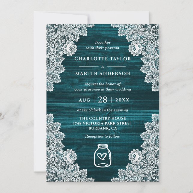 Elegant Teal Wood Floral Lace Mason Jar Wedding Invitation (Front)