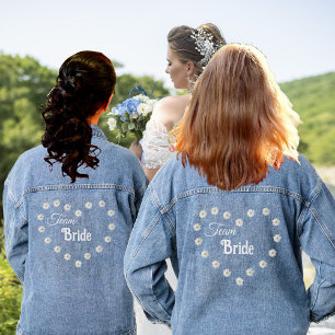 Elegant Team Bride Heart & Daisy Flowers Denim Jacket