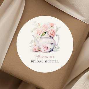 Elegant Teapot and Blush Pink Roses Bridal Shower  Classic Round Sticker