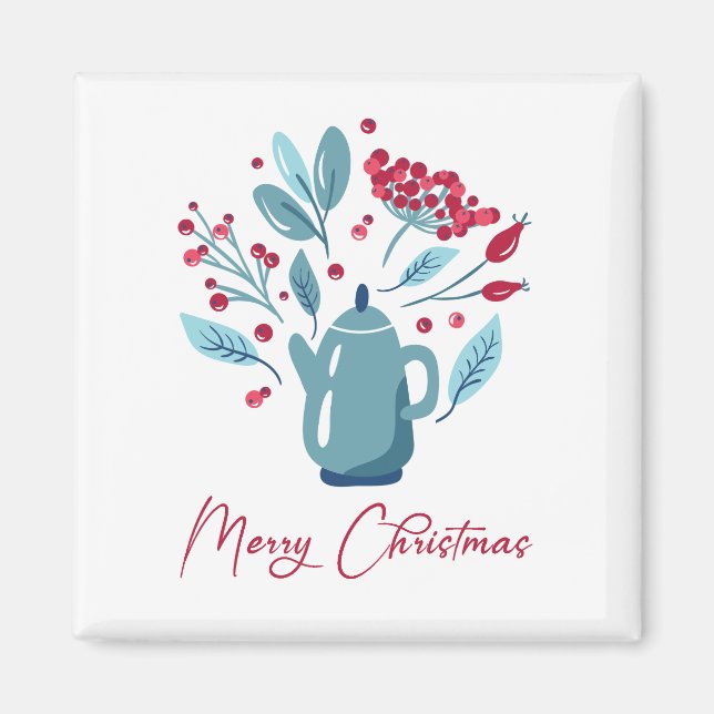 Elegant Teapot Bouquet Merry Christmas  Magnet (Front)