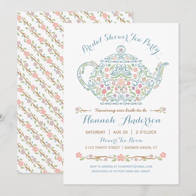 Elegant Teapot Bridal Shower Invitation (Front/Back)