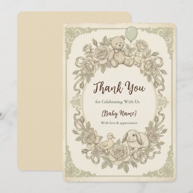 Elegant Teddy Bear Baby Shower Thank You Card, Bot Card (Front/Back)