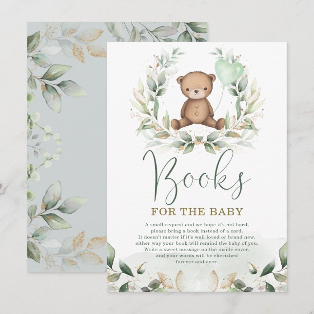 Elegant Teddy Bear Greenery Gold Books for Baby Enclosure Card (Front/Back)