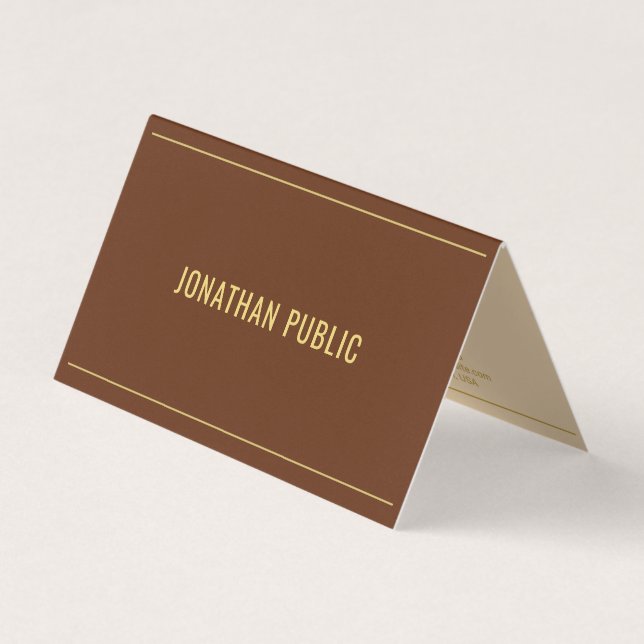 Elegant Template Folded Gold Text Chocolate Brown Business Card (Front)