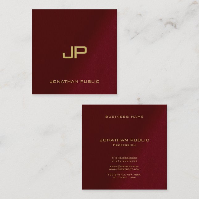 Elegant Template Gold Text Monogram Burgundy Red Square Business Card (Front/Back)