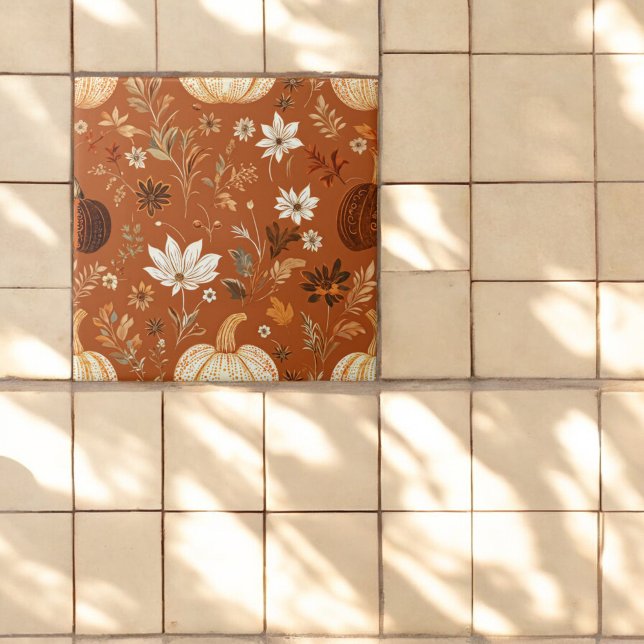 Elegant Terra Cota Pumpkin Autumn Floral Pattern  Ceramic Tile (Creator Uploaded)