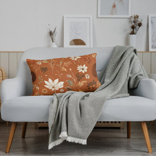 Elegant Terra Cota Pumpkin Autumn Floral Pattern  Lumbar Cushion