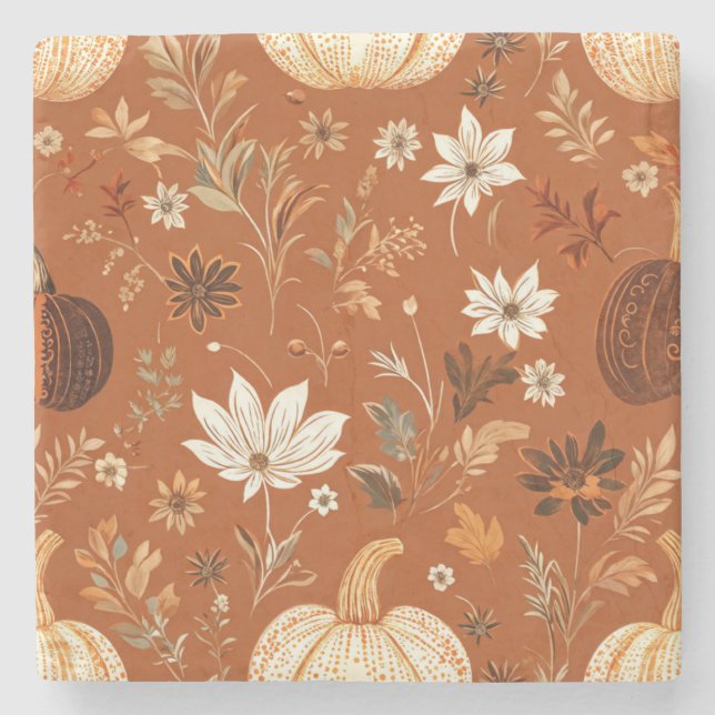 Elegant Terra Cota Pumpkin Autumn Floral Pattern  Stone Coaster (Front)