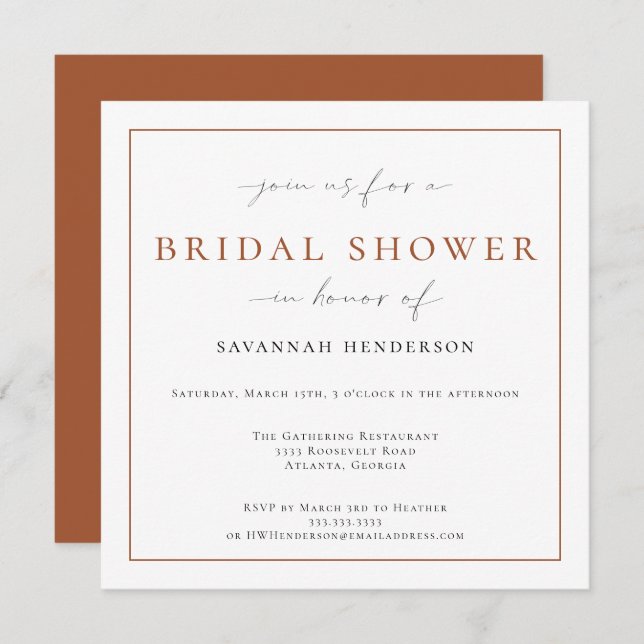 Elegant Terra Cotta Bridal Shower Classic Invitation (Front/Back)