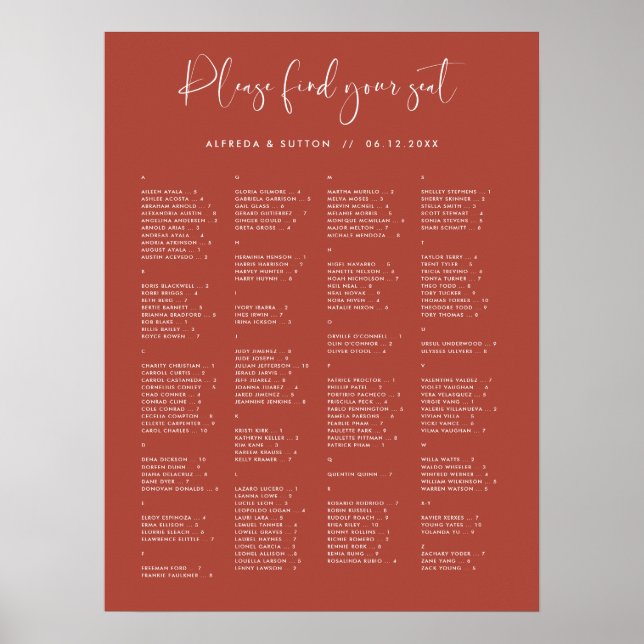 Elegant Terracotta Alphabetical seating chart (Front)