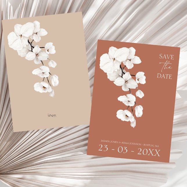 Elegant Terracotta and Beige Orchid Wedding Save The Date (Modern Terracotta White Orchids Flowers Wedding Save The Date)