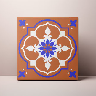 Elegant Terracotta and Blue Flower Azulejo Ceramic Tile