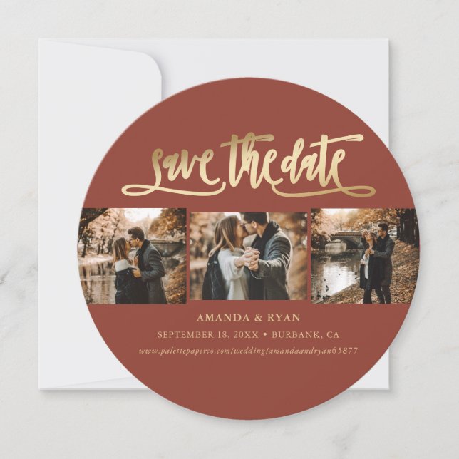 Elegant Terracotta and Gold Wedding Photo Save The Date (Front)