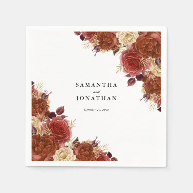 Elegant Terracotta and Ivory Flowers Wedding Napkin (Front)