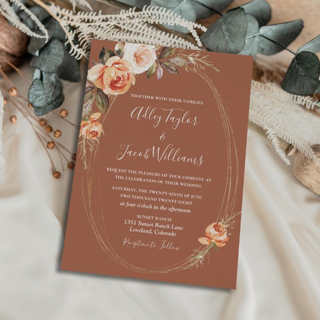Elegant Terracotta Boho Floral Fall Wedding Invitation (Creator Uploaded)