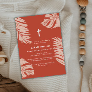 Elegant Terracotta Boho Leaves Cross Baptism Invitation