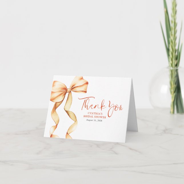 Elegant Terracotta Bow Bridal Shower Thank You Card (Front)