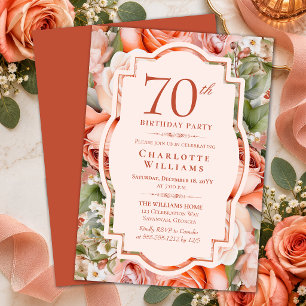 Elegant Terracotta Coral Roses 70th Birthday Party Invitation