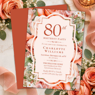 Elegant Terracotta Coral Roses 80th Birthday Party Invitation
