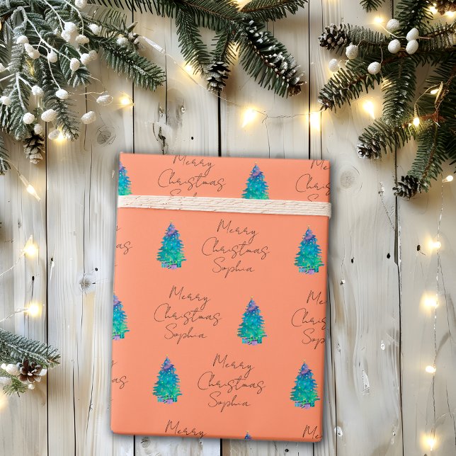 Elegant Terracotta Custom Merry Christmas Tree  Wrapping Paper (Creator Uploaded)