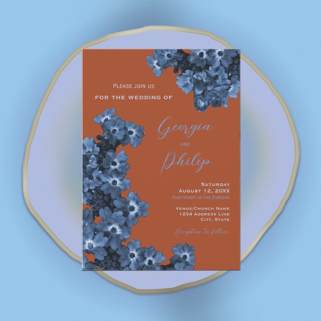Elegant Terracotta & Dusty Blue Flowers Wedding Invitation (Creator Uploaded)