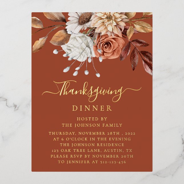 Elegant Terracotta Fall Floral Leaves Thanksgiving Foil Invitation Postcard (Front)