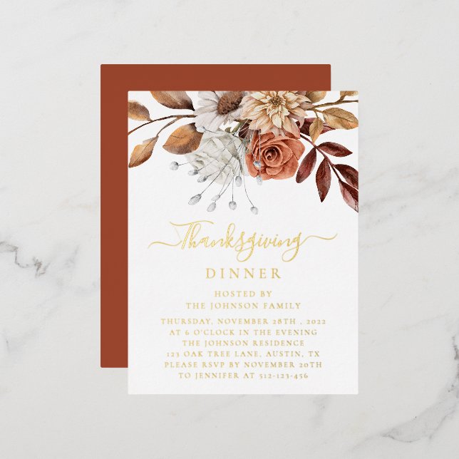 Elegant Terracotta Fall Floral Leaves Thanksgiving Foil Invitation Postcard (Front/Back)