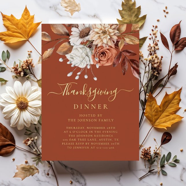 Elegant Terracotta Fall Floral Thanksgiving Dinner (Elegant Terracotta Fall Floral Thanksgiving Dinner Foil Invitation)