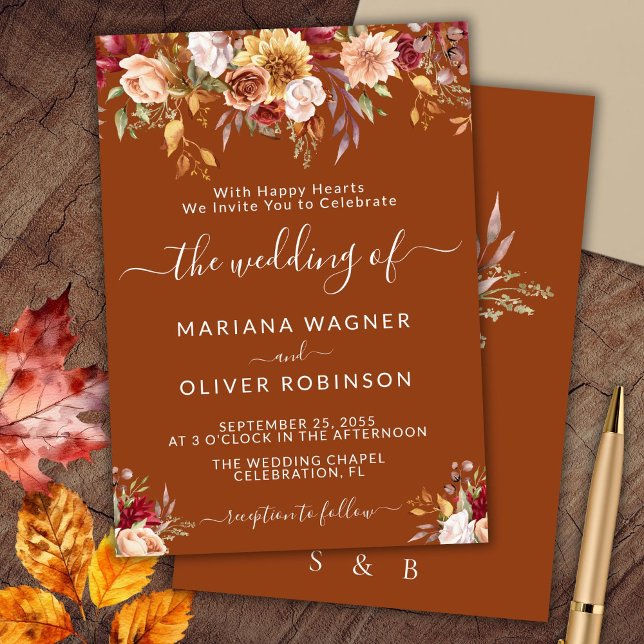 Elegant Terracotta Fall Floral Wedding Invitation (Creator Uploaded)