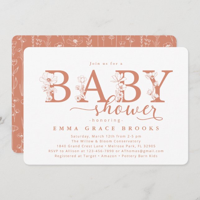 Elegant Terracotta Floral Baby Shower Typography Invitation (Front/Back)