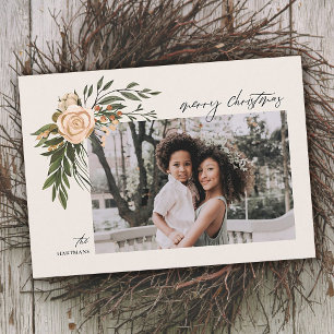 Elegant Terracotta Floral Boho Photo Christmas Holiday Card