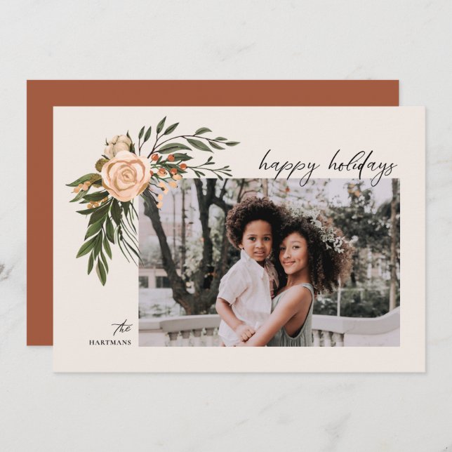 Elegant Terracotta Floral Boho Photo   Holiday Card (Front/Back)