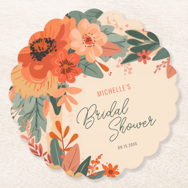 Elegant Terracotta Floral Bridal Shower Paper Coaster (Front)