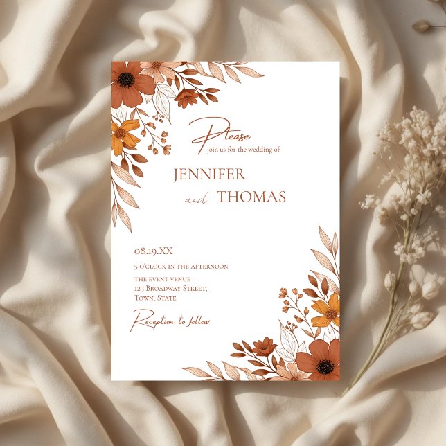 Elegant Terracotta Floral Hand-Drawn Wedding Invitation (Elegant Terracotta Floral Hand-Drawn Wedding Invitation)