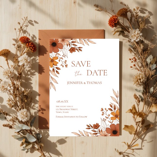 Elegant Terracotta Floral Hand-Drawn Wedding Save The Date (Elegant Terracotta Floral Hand-Drawn Save the Date)