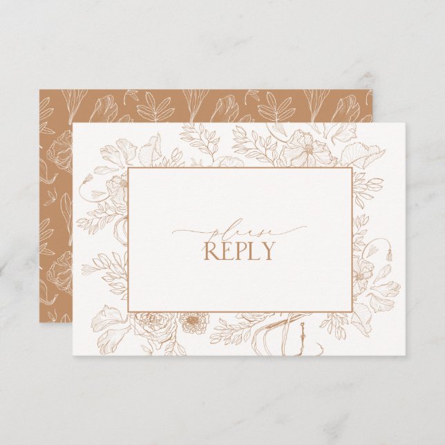 Elegant Terracotta Floral Line Art Wedding QR Code RSVP Card (Front/Back)