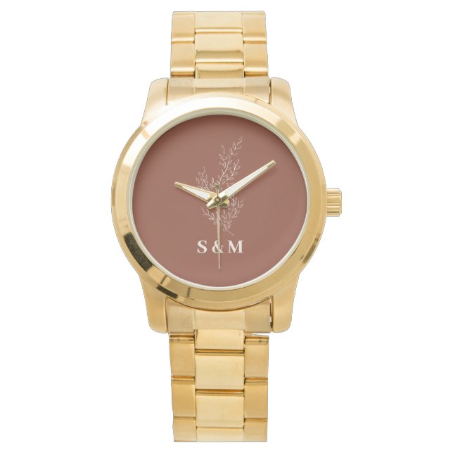 Elegant Terracotta Floral Newlyweds Monogram Watch (Front)