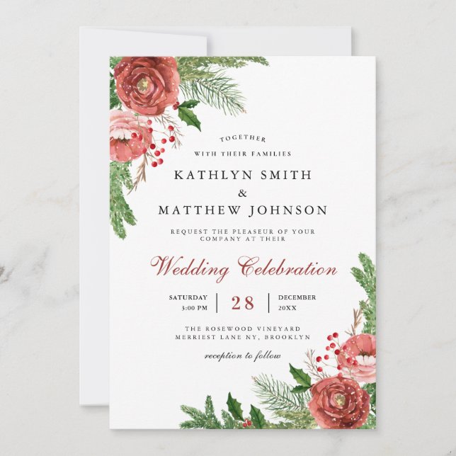 Elegant Terracotta Floral Pine Bough Wedding Photo Invitation (Front)