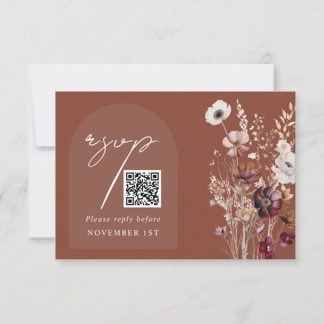 Elegant Terracotta Floral QR Code Arch Wedding RSVP Card (Front)