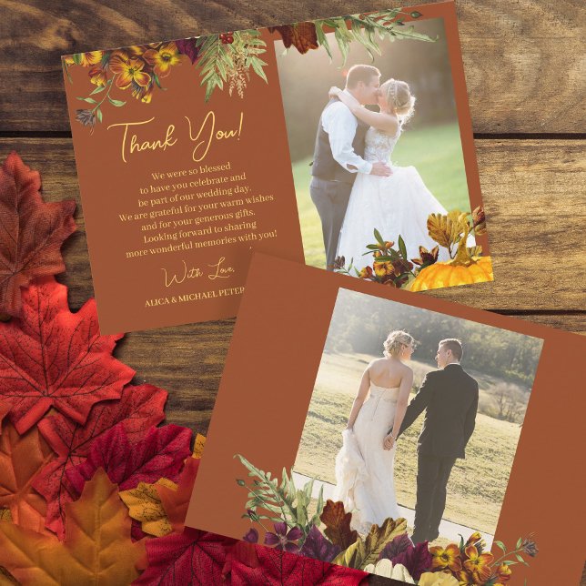 Elegant terracotta floral script photo wedding thank you card (Creator Uploaded)