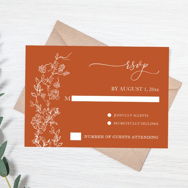 Elegant Terracotta Floral Vintage Wedding RSVP Card (Terracotta Wedding RSVP card with white florals)