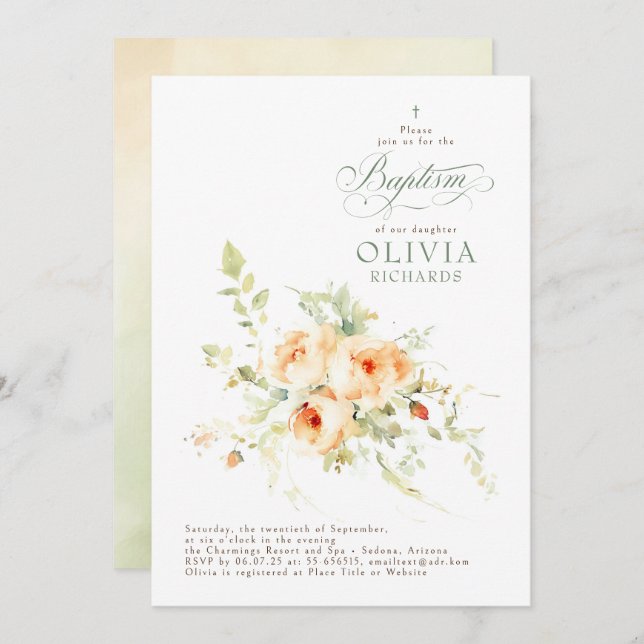 Elegant Terracotta Flowers Baptism Invitation (Front/Back)